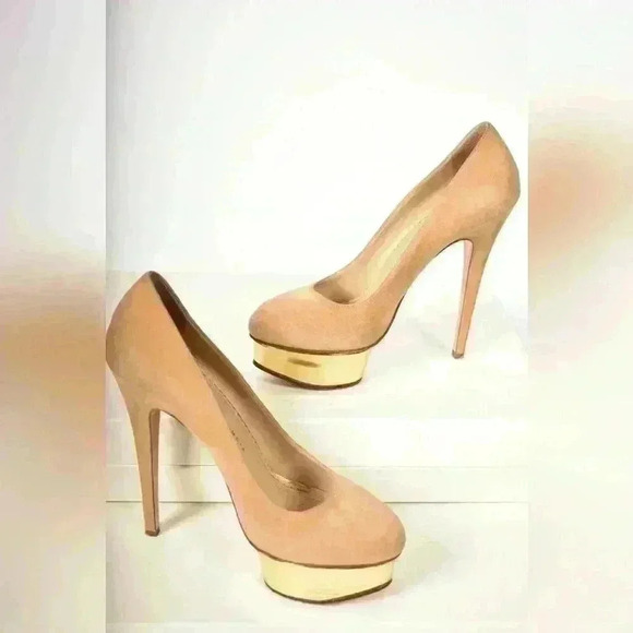 CHARLOTTE  OLYMPIA Beige Gold Metallic Dolly High Heel Suede Pumps 38.5EU Italy - Picture 4 of 8